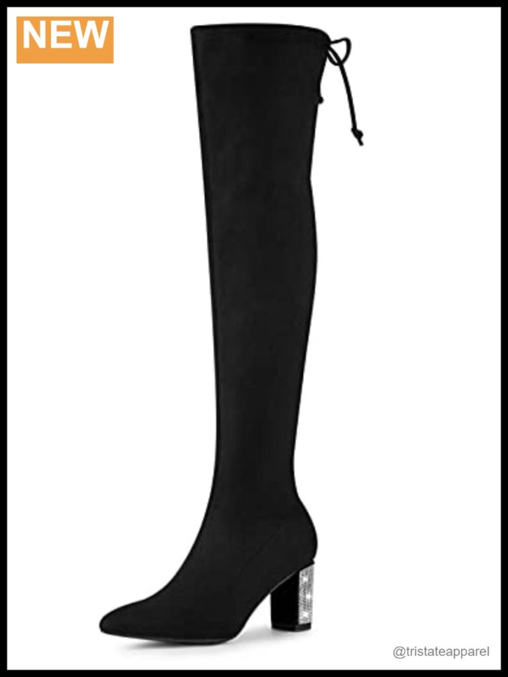 Over the Knee Rhinestone Chunky Heel Boots Faux Suede Lace Up Pointed Toe